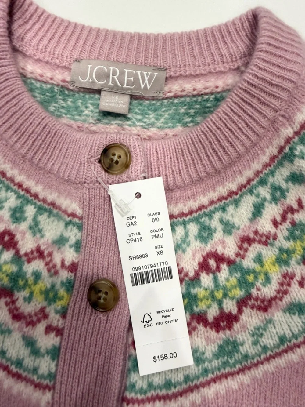J.Crew Fair Isle Nordic Cardigan Pink Multi Wool NWT XS $158 CP416 - Picture 8 of 8